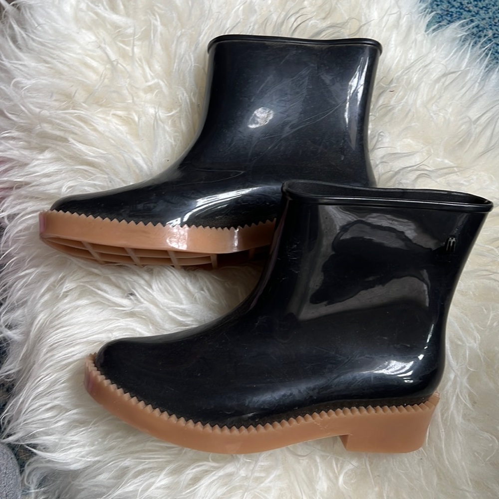 Melissa Black Glossy Ankle Rain Boots with Tan Soles